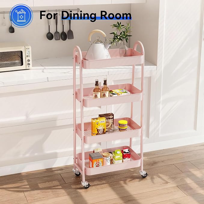 NEWBULIG 4-Tier Metal Rolling Cart with Lockable Wheels, Heavy Duty Mobile Utility Storage Shelf, Roller Book Snack Cart, Organization for Livingroom, Bathroom, Office, Pink