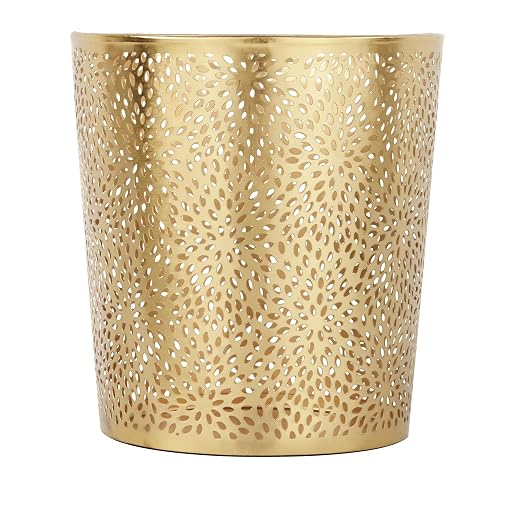 CosmoLiving by Cosmopolitan Metal Small Waste Bin with Laser Carved Floral Design, 9" x 9" x 10", Gold | Office Bathroom Floral Waste Basket With Laser Carved Design Office Wastebasket Waste Bin