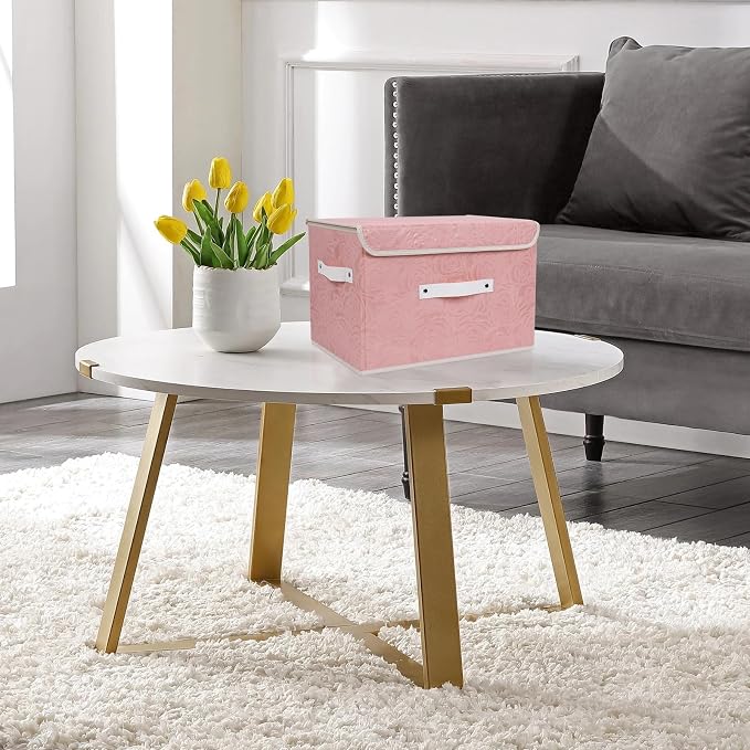Lucky Monet Cute Storage Bin Boxes with Lids Washable Decorative Storage Boxes Pink Lidded Storage Baskets Collapsible Fabric Box Cubes with PU Leather Handles for Shelf Closet, 1 Pack Pink, Large