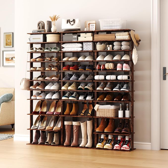 HOMEFORT 10-Tier Vertical Shoe Rack, Corner Shoe Tower, Double Rows 10 Tiers Shoe Shelf, Slim Shoe Storage Unit for 20 Pairs of Shoes, Shoe Stand for Entryway, Hallway, Closet (Rustic Brown)