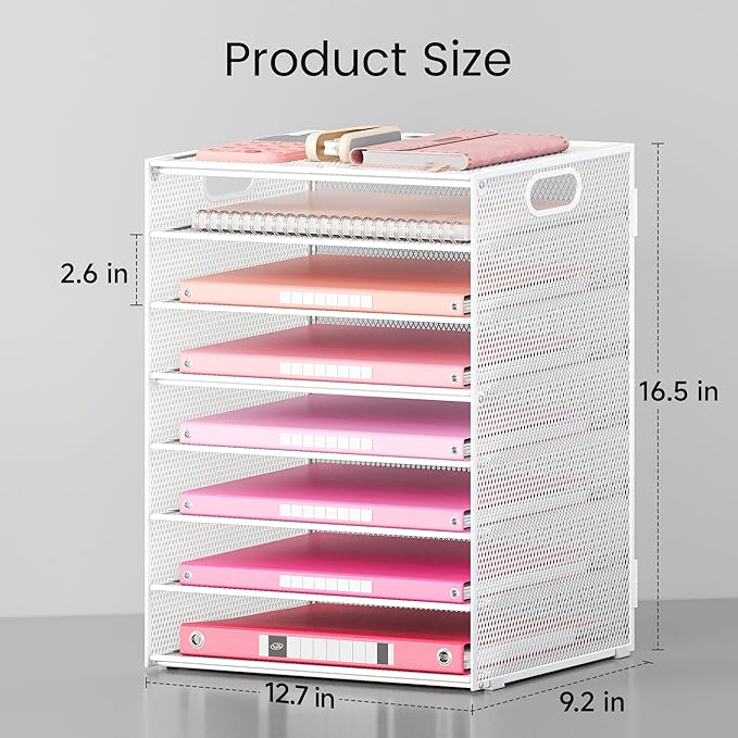 Lavatino 2 Pack 8-Tier Office Desk File Organizer, Letter Tray Paper Organizer with Handle, Including 5 Adjustable Slide Trays for Organizing Desk Workspace Accessories and Supplies (White Metal Mesh)