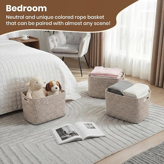 Storage Baskets for Organizing, 14 x 10 x 9” Closet Shelf Woven Baskets, Square Bins with Handles, Cotton Rope Basket for Clothes, Office, Room, Brown 1 Pack