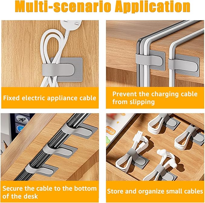 80PCS Hook and Loop Cable Straps, Cable Management Under Desk, Adhesive Cable Tie, Reusable Wire Organizer for Cords, Cord Management, Computer Accessories for Desk, Home Office Essentials, White+Gray