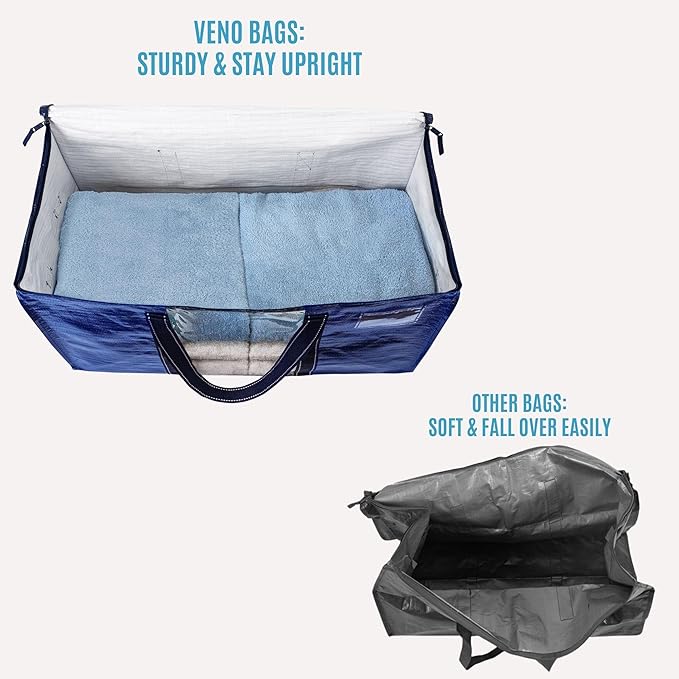 VENO 2 Pack Moving Bags with Clear Window, Heavy Duty Storage Bins with Lid, Around Handles, Tag, Zippers, Extra Large Totes Packing Moving Boxes Supplies for College Dorm Clothes (Blue, 2 Packs)