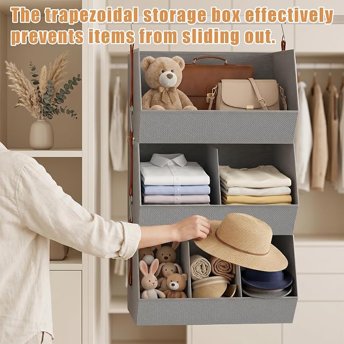 3-Tier Hanging Closet Organizer, Extra Large Fabric Closet Shelves with Zipper, Foldable Closet Storage Organizer for Clothes, Handbags, Socks, Underwear, Dorm Room and RV,Grey- 1 Pack