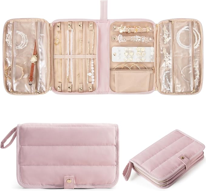 Marscamd Travel Jewelry Case Organizer, Foldable Jewelry Bag, Pink | with Zipper Jewelry Bag for Earrings, Rings, Necklaces, Bracelets, Brooches