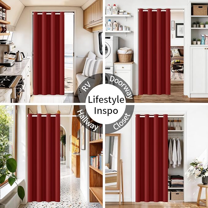 Vatge Magnetic Door Curtain with Rod, Closet Curtain for Open Closet, Temporary Door for Pantry and Hallway, 1 Panel, W42 x L80, Christmas Red
