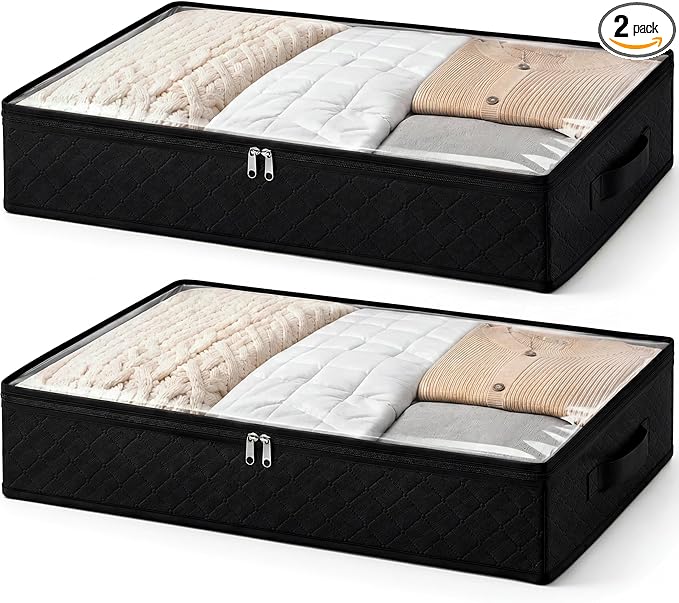 Fixwal Black Underbed Storage Bags with Clear Window and 2 Reinforced Handles Under Bed Storage Containers for Clothing, Bedding, Comforter (2 Pack)