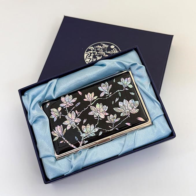 Mother of Pearl Business Card Case Credit Id Name Holder Travel Wallet Art Painting Design Metal Stainless Steel Engraved Slim Purse Pocket Cash Money Wallet (N_Magnolia)