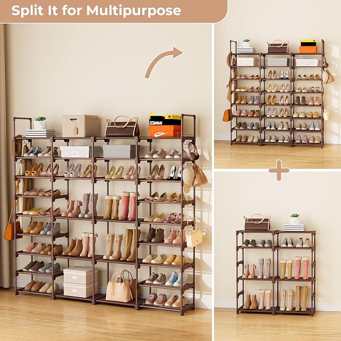 ROJASOP Large Shoe Rack Organizer for Entryway Closet 64-68 Pairs 9-Tier Heavy Duty Tall Garage Shoe Rack Shoe Shelf Shoes Storage with 18 Pcs Removable Side Hooks for Bedroom and Garage Brown