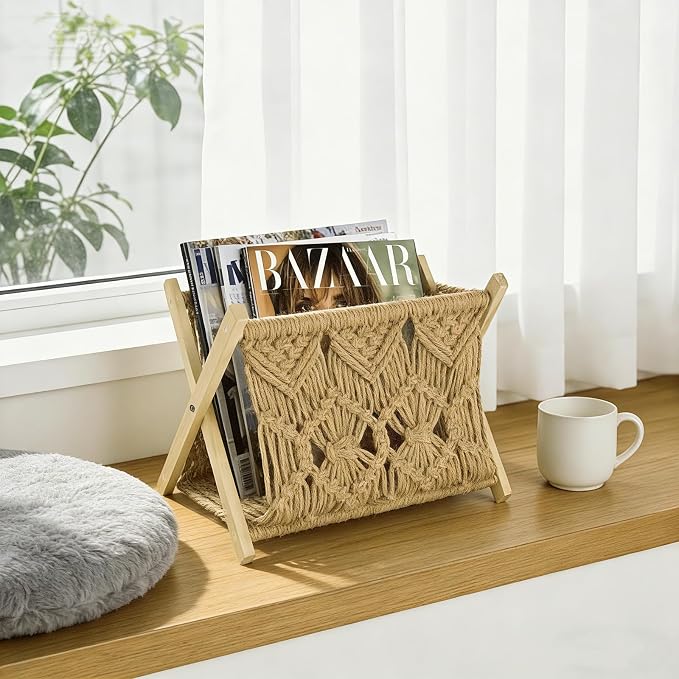 Boho Macrame Magazine Holder,Hand-Woven Magazine Rack for Home Office | Multifunctional Storage Basket for Letters, Magazines, Books and Newspapers