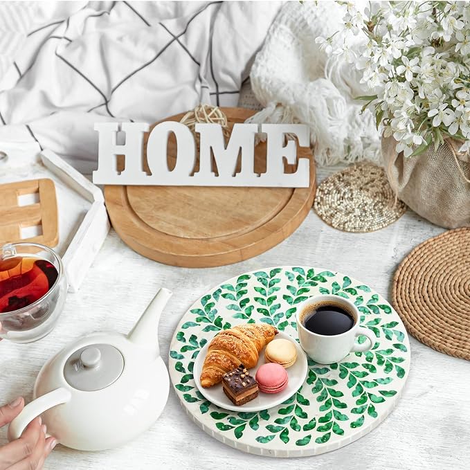 Reallnaive Mother of Pearl Lazy Susan for Table Turntable Organizer Marble Patterned Lazy Susan Wood Spinning Tray Rotating for Kitchen Cabinet Spice Pantry 12 Inch(Round,Green Grass)