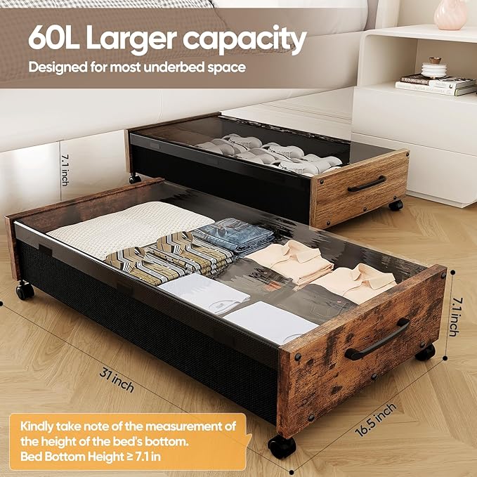 Under Bed Storage with Wheels, Wooden Under the Bed Storage with Remove Lid, Rolling Underbed Storage Drawers, Large Metal Storage Bins for Shoes Blankets Clothes Bedrooms Dorms (Vintage Brown-2pack)