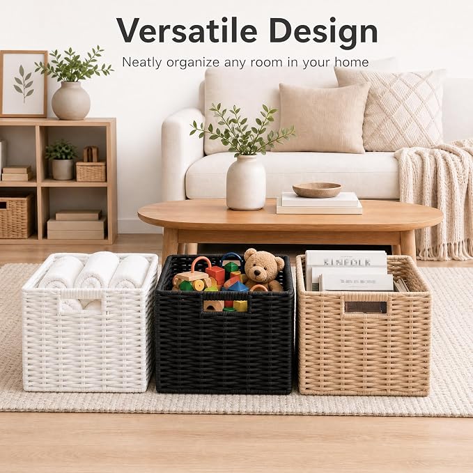 Cotton Rope Cube Storage Baskets Set of 2, 11 Inch Foldable Cubby Organizer Bins with Handles, Handwoven Square Basket for Organizing, Cube Closet Storage Bins for Shelves, Home Decor (White 2 Pack)