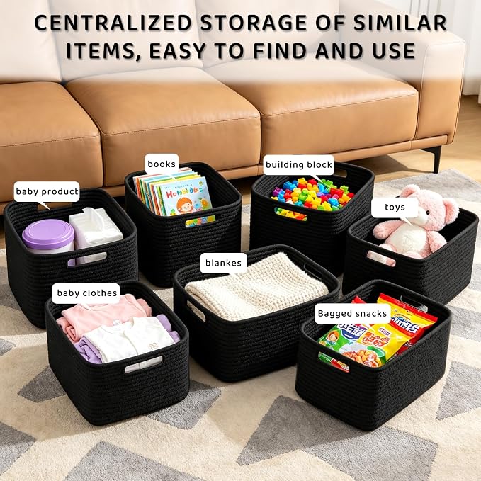 4 Pack Large Storage Baskets for Organizing, 16''Lx12''Wx8''H Woven Baskets for Storage Toys, Towels, Books, and Clothes, Cotton Rope Basket for Shelves with Handle