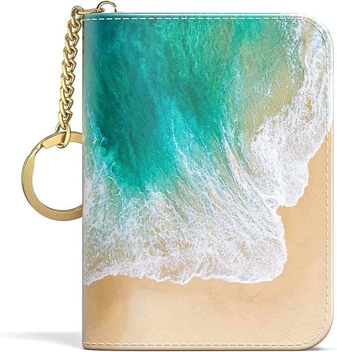 Aiawoxc Credit Card Holder for Women, Small RFID Wallet Slim Leather Business Card Organizer Case with Zipper and Keychain, Beach
