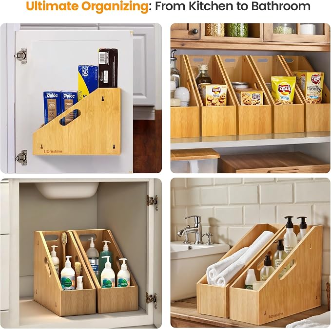 Libreshine Slim Bamboo Cutting Board Holder & Baking Sheet Organizer | Open-front design keeps small to medium boards and bakeware upright; size: 12.6 x 4.9 x 10.5 in. Measure before purchase