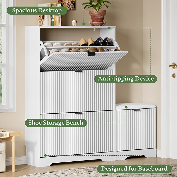Xixini Shoe Storage Cabinet for Entryway with 3 Flip Drawers & Bench, Slim Wood Shoe Organizer with Modern Fluted Panel, Freestanding Narrow Shoe Rack for Front Door Entrance, Hallway, Foyer, White