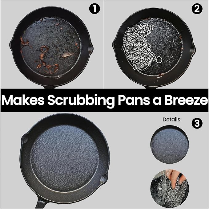 TOPULORS 316L Stainless Steel Cast Iron Scrubber Chaimmail Link 7 in Round | Suitable For Skillets, Griddles, Grills, Pans, And Other Cookware, Remove Stuck-On Food Without Stripping Seasoning