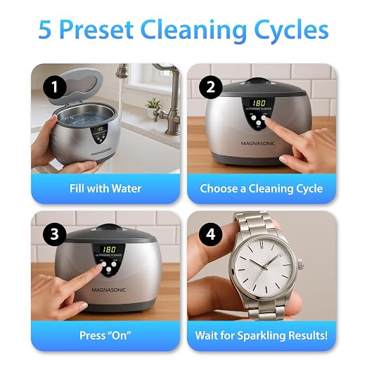 Magnasonic Ultrasonic Cleaner - 20oz Stainless Steel Tank, Digital Timer, 5 Cleaning Modes, Ultrasonic Jewelry Cleaner for All Jewelry, Eyeglasses, Watches, Dentures, Retainers & More