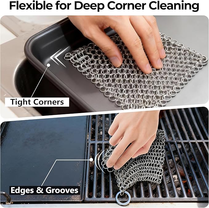 AMAGABELI GARDEN & HOME 10”x10” Stainless Steel Cast Iron Cleaner Chainmail Scrubber for Cast Iron Pan Skillet Cleaner for Dishes Cast Iron Pot Cookware Accessories BG263