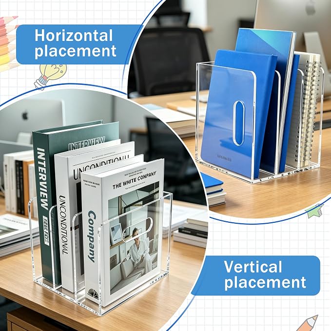 Desk File Organizer Magazine Holder 3 Vertical Acrylic Book Stand | Office Organization for Binders, Notebooks, Documents, Mail, Home Desk Decor Supplies, Classroom Storage Rack