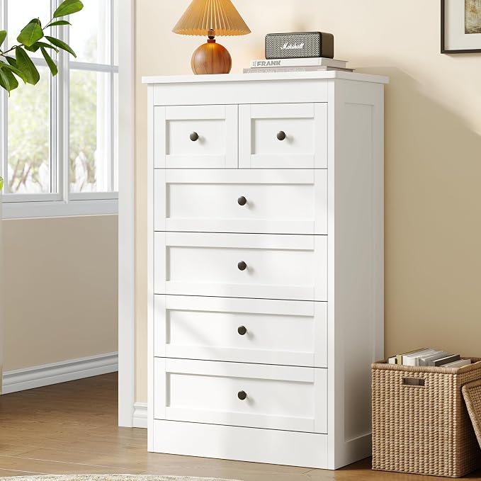 wanan Tall 6 Drawer Dresser for Bedroom, White Modern 43.3'' Tall Wood Chest of Drawers, Storage Organizer with Smooth Metal Rails & Anti-Tip Kit for Closet, Hallway, Living Room