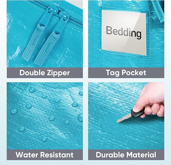 TICONN 2 Pack Extra Large Moving Bags Heavy Duty with Zippers & Carrying Handles, Durable Storage Bags Moving Boxes for Closet Organizers and Storage (2 Pack, Aqua)