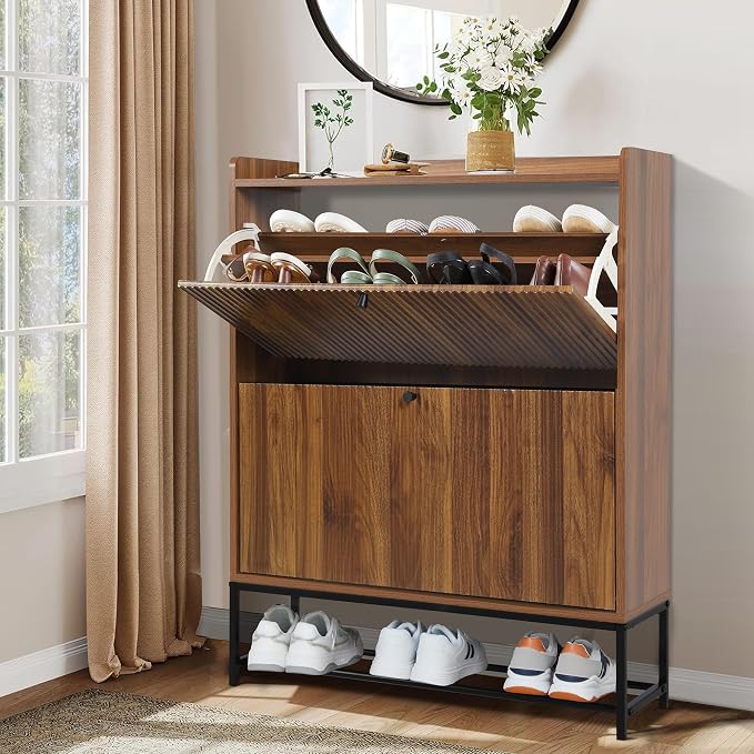 RARZOE Set of 2 Fluted Shoe Cabinets for Entryway with 2 Flip Drawers, Narrow Wood Shoe Cabinet with Fluted Panel, Freestanding Hidden Shoe Rack with Metal Legs for Foyer,Hallway(31.5''Walnut)
