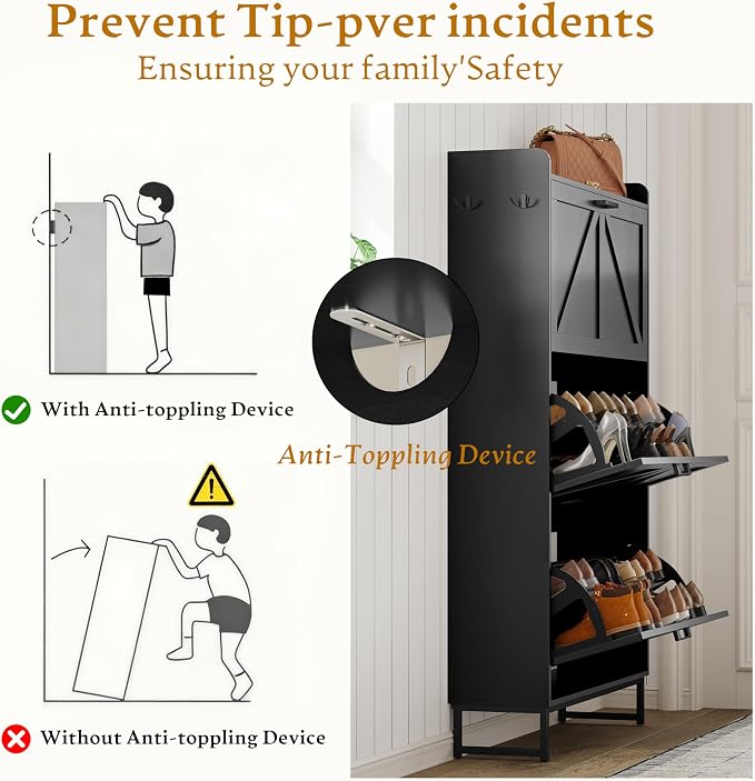 Wodeer Shoe Cabinet Storage for Entryway, Shoe Storage Cabinet with 3 Flip Drawers, Freestanding Narrow Shoe Rack Organizer with Metal Legs & Side Hook for Foyer, Hallway, Black