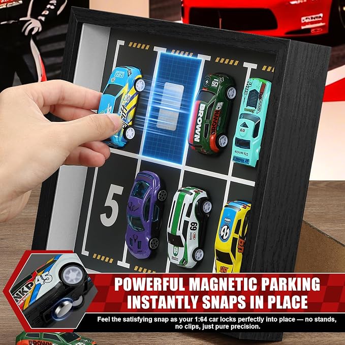 JupDec Magnetic 1:64 Diecast Display Frame, Clear Acrylic Model Car Shadow Box with Parking Layout Mat for Matchbox Hot Wheel, Dustproof Wall Mount or Tabletop Display Box, Ideal Gift for Collectors
