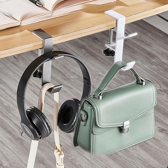 KISOY 2PCS Desk Hook, Under Desk Handbag Hanger Purse Hook for Table,Backpack Hanger Purse Holder for Desk Adjustable Can Hook Bags, Umbrellas,Headphone Holder(1White+1Black)