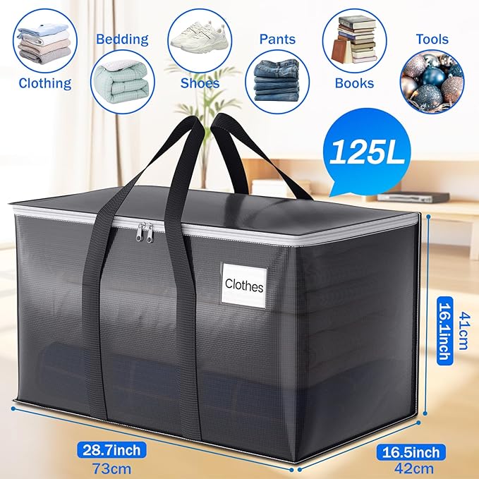 ElegantArray 6 Pack Moving Bags Heavy Duty, Moving Boxes, Storage Bags with Zipper & Handles & Tag for College & Dorm Moving Supplies Grey Laundry Hamper Bag, Foldable Space-saving Totes (125L, Grey)