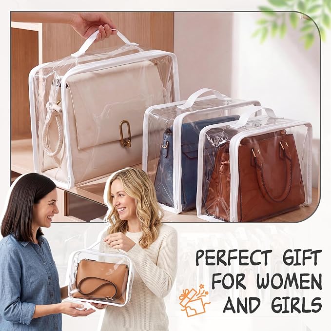 Hsei 12 Pcs Clear Dust Bags For Handbags 4 Sizes Fits Mini Wallet Oversized Tote Bags PVC Waterproof Purse Storage Organizer for Luxury Bag Soft Stand-Up with Zipper Handle for Closet Hanging (White)