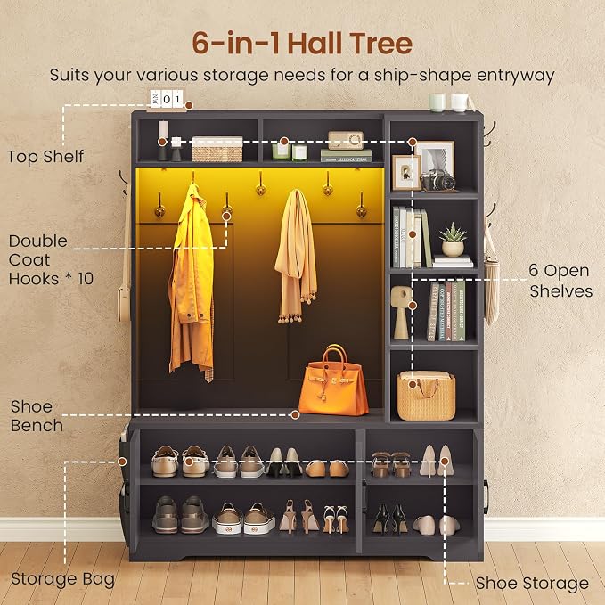 Itaar Hall Tree with Bench and Shoe Storage, Farmhouse Entryway Bench with Coat Rack, Shoe Cabinet with Adjustable Shelves, 6 Storage Cubbies, 10 Coat Hooks, Storage Bag, Led Lights, Black