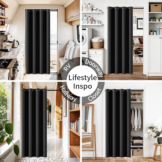 Vatge Magnetic Door Curtain with Rod - W52 x L78, 1 Panel, Black | Thermal Insulated Blackout Curtain for Room Darkening, Room Divider