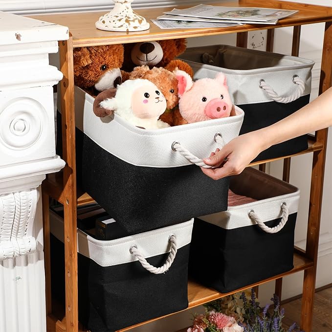meekoo 8 Pack Collapsible Storage Bins Fabric Storage Bins Polyester Fabric Baskets with Handles Linen Closet Organizer for Shelf Home Closet Towels Toys(15 x 11 x 9.5 in,Black White)