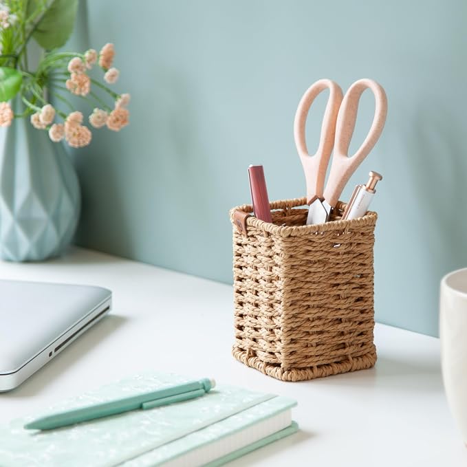 U Brands Woven Pencil Cup, Rattan-Inspired Wicker Style Office Organization Supplies, Natural Wood, 1 Count