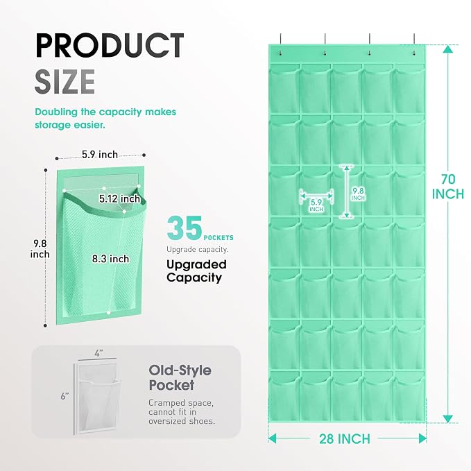 WVM Over the Door Shoe Organizer with 35 Breathable Mesh Pockets, Hanging Shoe Organizer for Door with 4 Metal Hooks, Large Capacity Closet Storage for Shoes, Accessories