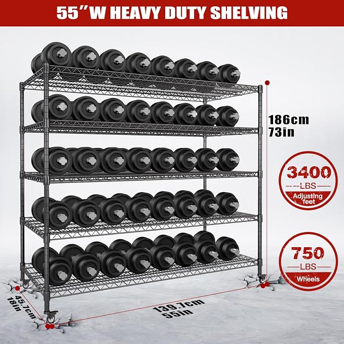 5 Tier Wire Shelving 3 Pack | 55”W Storage Shelves Heavy Duty | Rolling Wire Rack with Wheels | 3250 LBS Metal Shelving | Garage Shelving Units and Storage | Adjustable Layer Height | 55”W×18”D×73”H