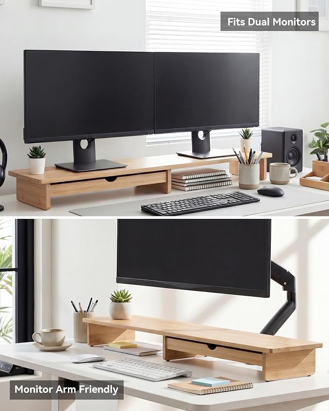 42” Monitor Stand with Large Drawer Keyboard Storage,Bamboo | Dual Computer Monitor Riser Shelf for 55-72 Inch Desk Aesthetic Workplace Computer Setup Desktop Organizer Easy Assembly