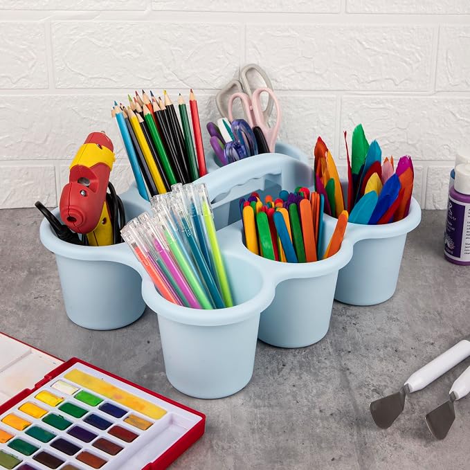 Classroom Caddy for School, Kidsroom, Pencil Holder, Plastic Cup Caddy for Drink Delivery, Blue, 4 Pack