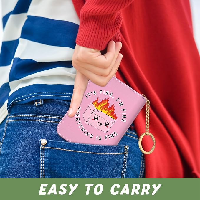 Aiawoxc Credit Card Holder, Small RFID Wallet Slim Leather Card Organizer Case with Zipper and Keychain, Pink Cute Dumpster