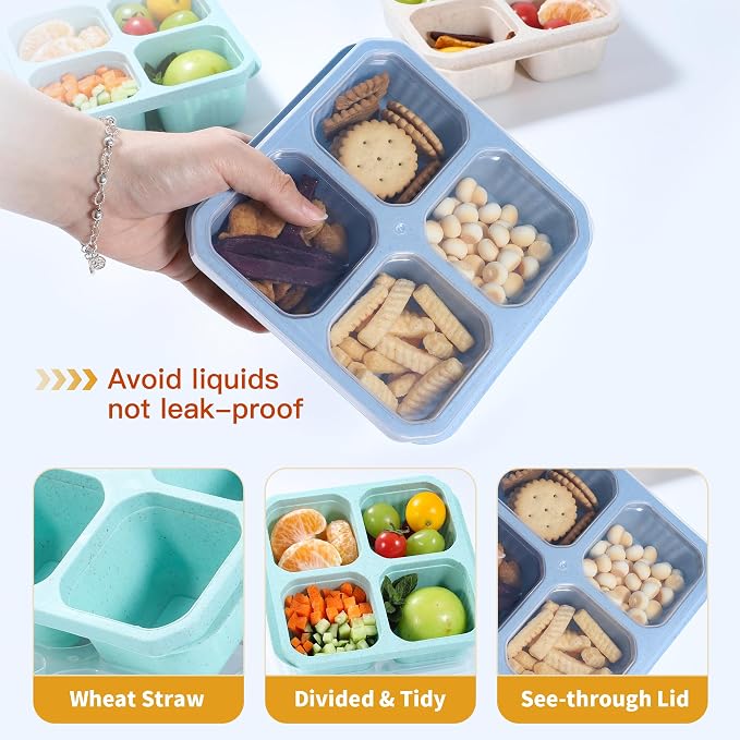 8 Pack Wheat Straw Snack Containers, 4-Compartment Reusable Bento Box with Lids - BPA-Free, Stackable Meal Prep Food Storage for Work, Travel, Home and On-the-Go
