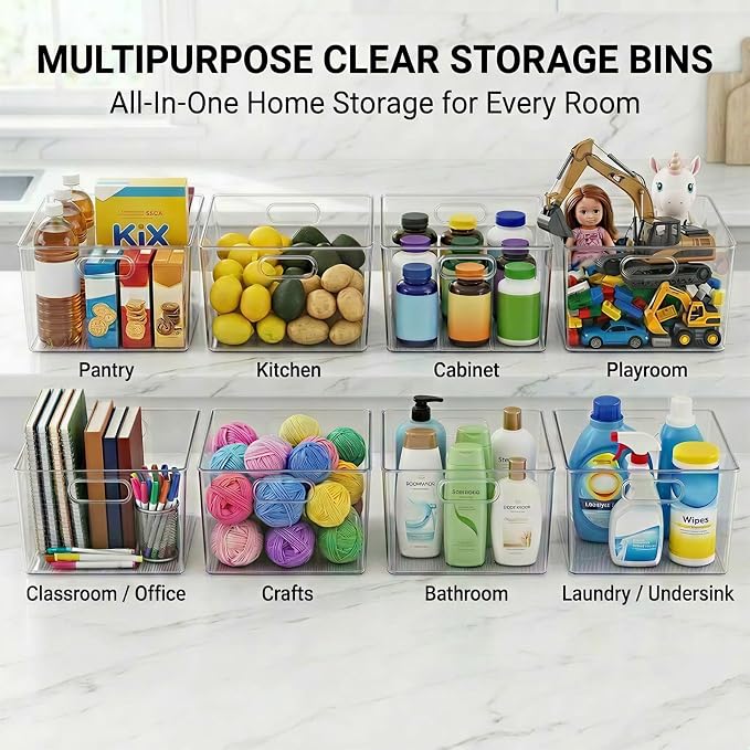 MOONEDGE 4-Pack 12x12x7 Extra Large Clear Plastic Storage Bins with Handles | Cube Acrylic Organizer Square Containers for Pantry,Closet,Kitchen,Bathroom,Laundry,Under-sink,All-In-One Organization