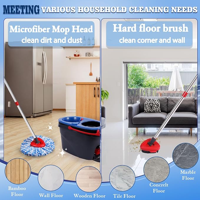 4 Pack Spin Mop Replacements Head Compatible for Ocedar RinseClean 2-Tank System,Microfiber Spin Mop Refills Head,1 Mop Scrub Brush + 1 Mop Base + 4 Pack Cleaning Floor Mop Head