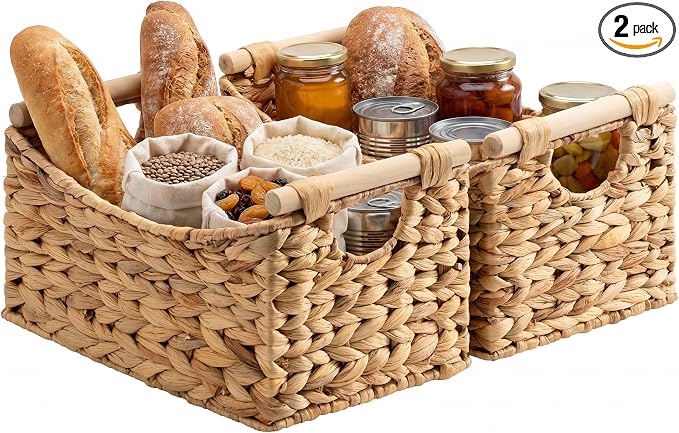 StorageWorks Wicker Baskets for Organizing, Water Hyacinth Storage Baskets with Handles, Woven Baskets for Pantry Storage, 13" x 8¼" x 7", 2-Pack