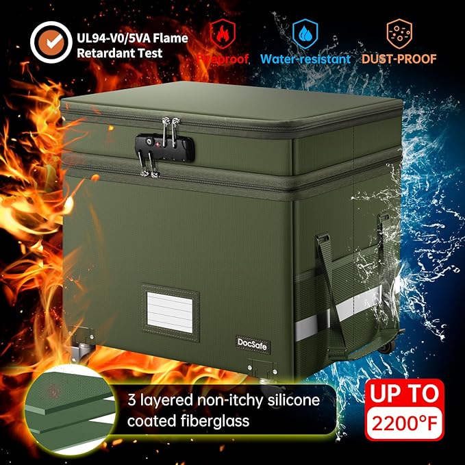 DocSafe File Box with Lock,2-Layer Fireproof Document Box with Wheels,Collapsible Rolling File Storage Organizer with Pockets,Large Portable Home Office Filing Cabinet Safe for Hanging Folders,Green