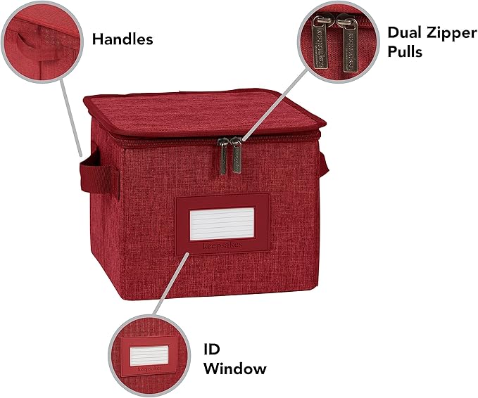 Covermates Dish Storage Box – China & Dinner Plate Storage Container with Dual Zippers, Reinforced Handles, ID Window & Stackable Structured Walls for Dishware Organization, Red Heather