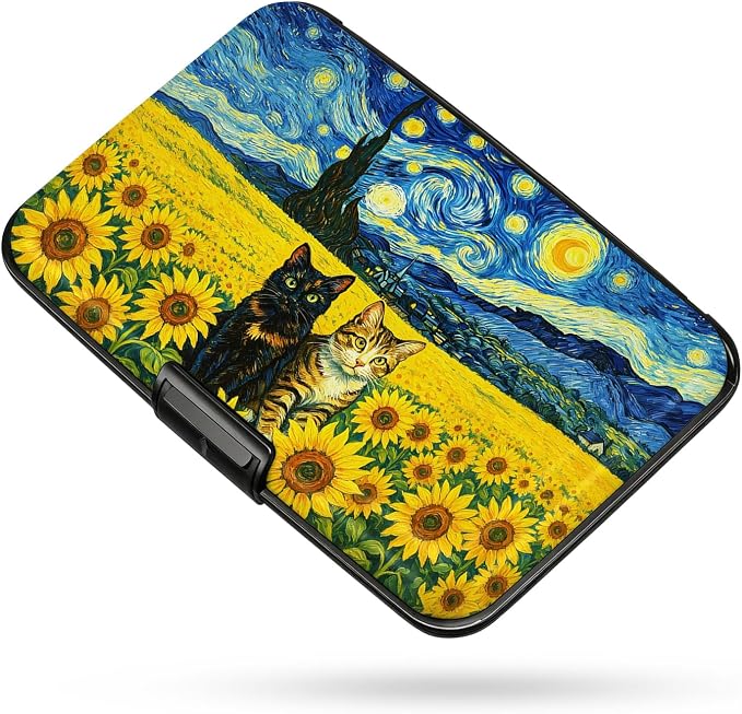 Credit Card Holder RFID Aluminum card case Cat Flowers mini Wallet Women | ABS Business ID Case,Hard Case Large Capacity 6 Slots, Waterproof Durable ，Secure Closure Slim Small Credit Card Protector